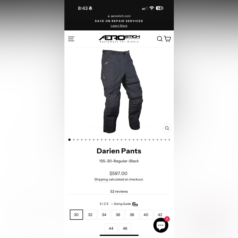Aero Stich Darien Rider Wear Pant. Size 30 R. NWOT